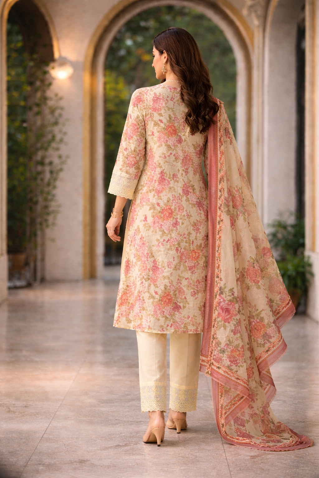 Ivory Bloom Floral Kurta Set with Lace Detail