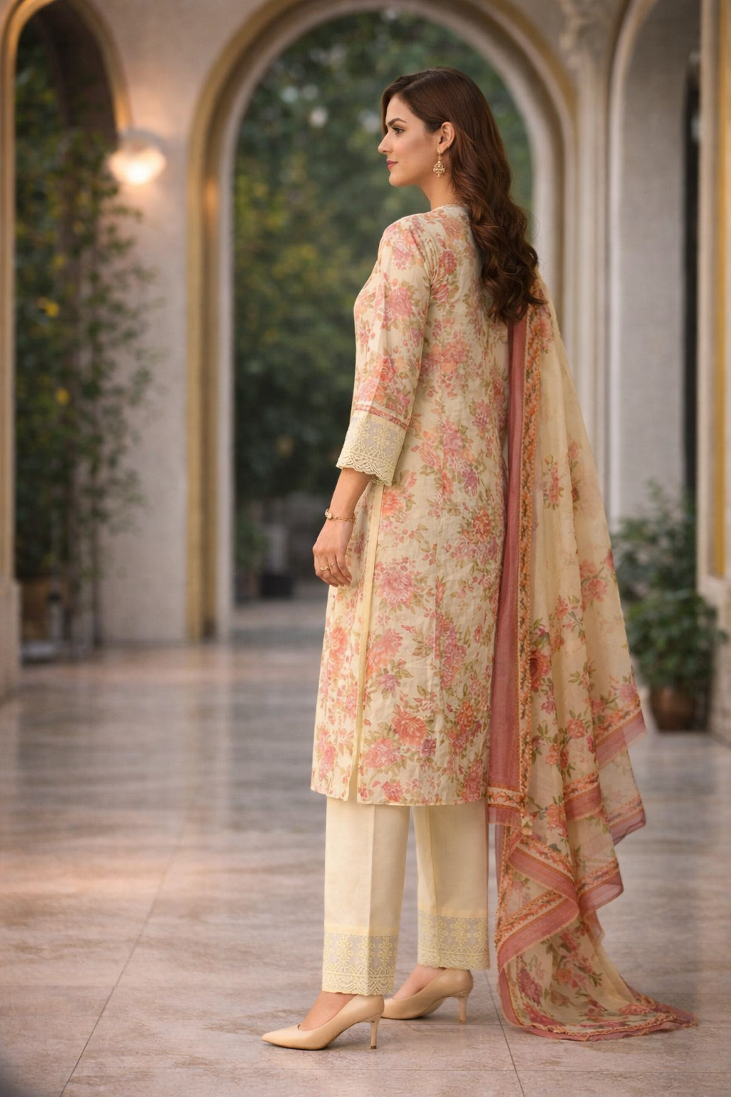 Ivory Bloom Floral Kurta Set with Lace Detail