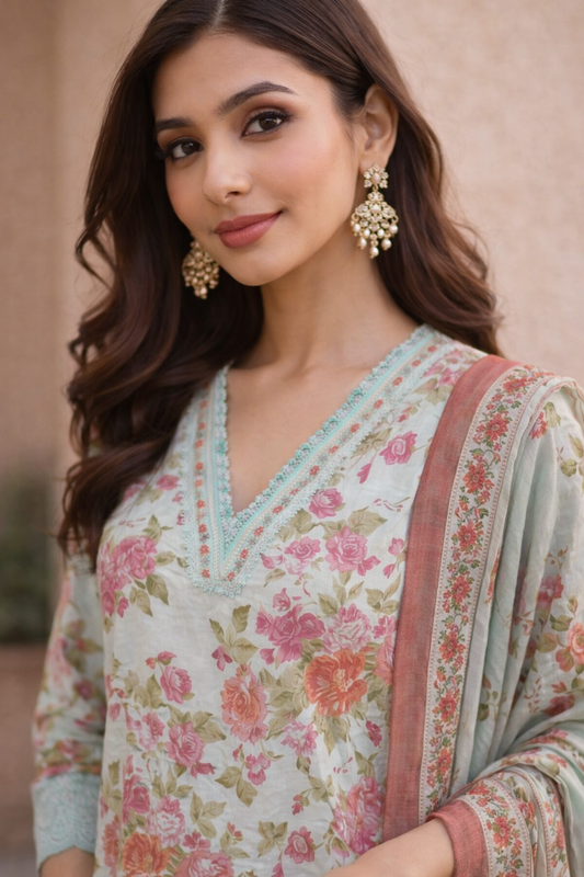 Mint Bloom Floral Kurta Set with Dupatta