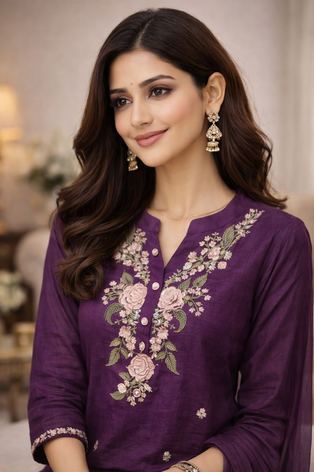 Royal Purple Floral Embroidered Kurta Pant Set with Dupatta