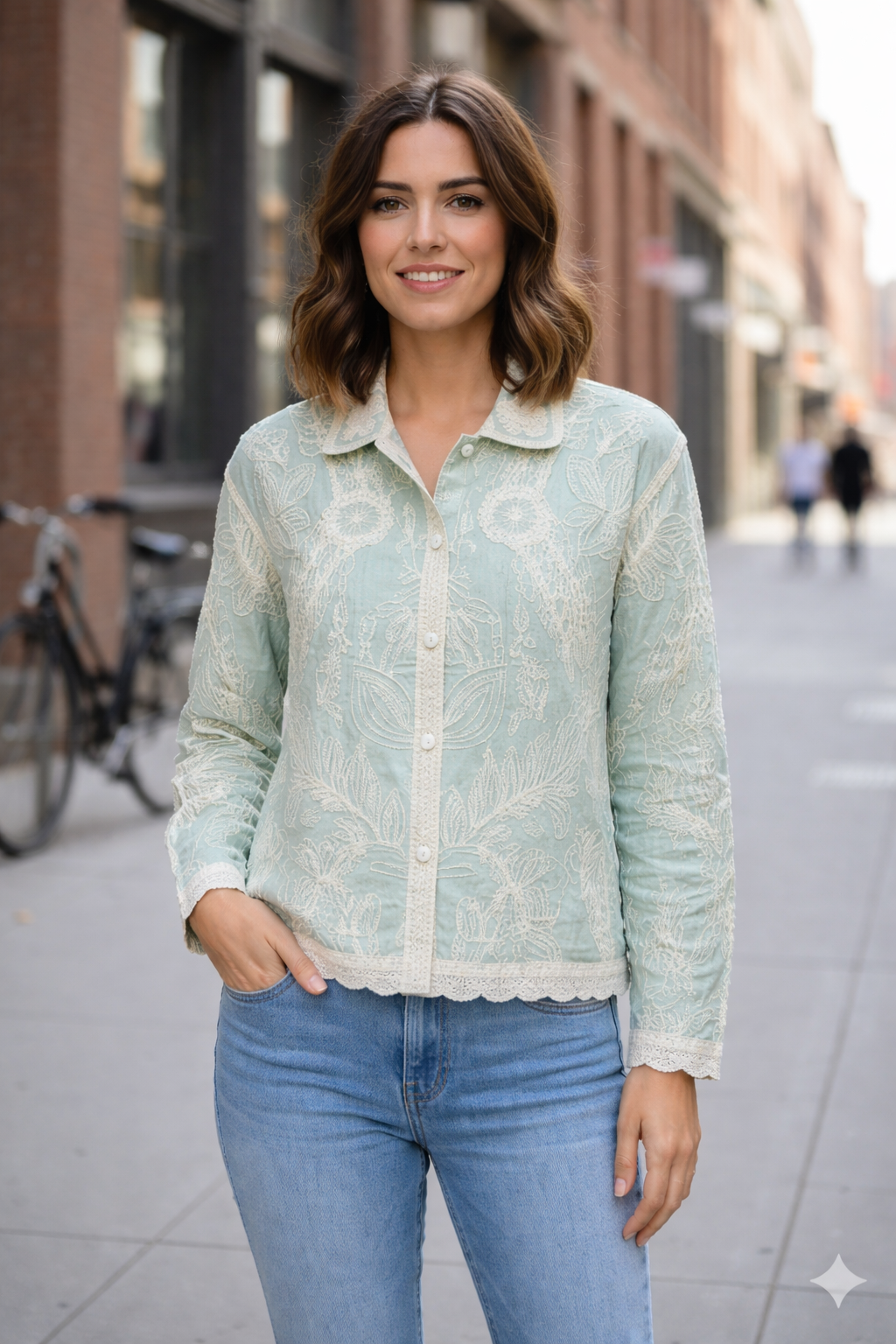 Mint Green Floral Embroidered Cotton Jacket Top