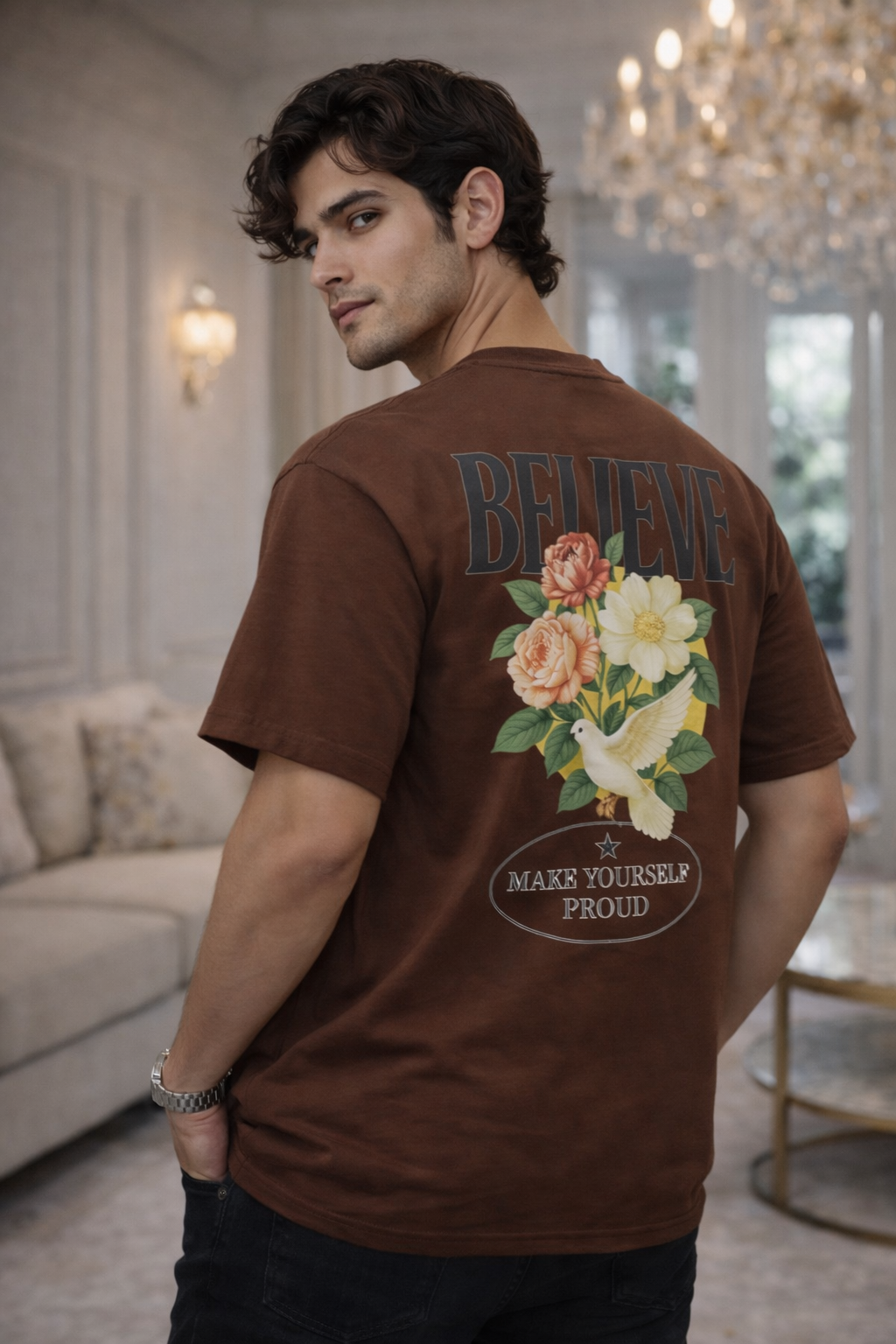 Men’s Brown “BELIEVE” Back Graphic Oversized Cotton T-Shirt