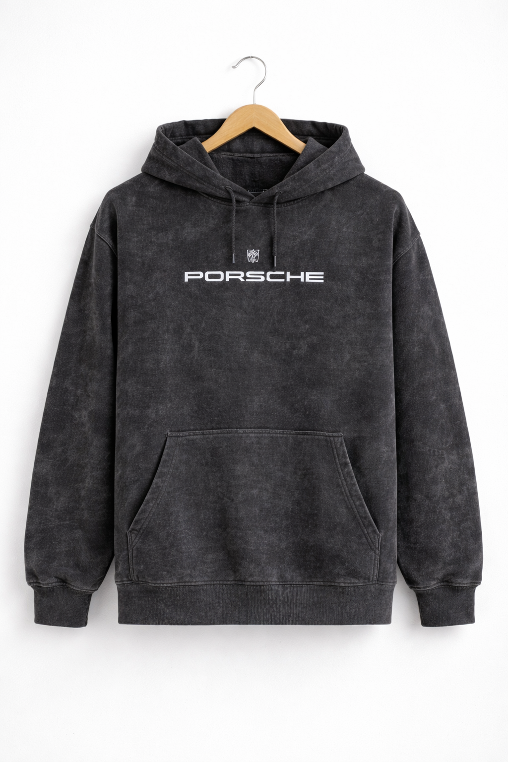 Men’s Charcoal Black Acid Wash Oversized Hoodie – Porsche Graphic Print