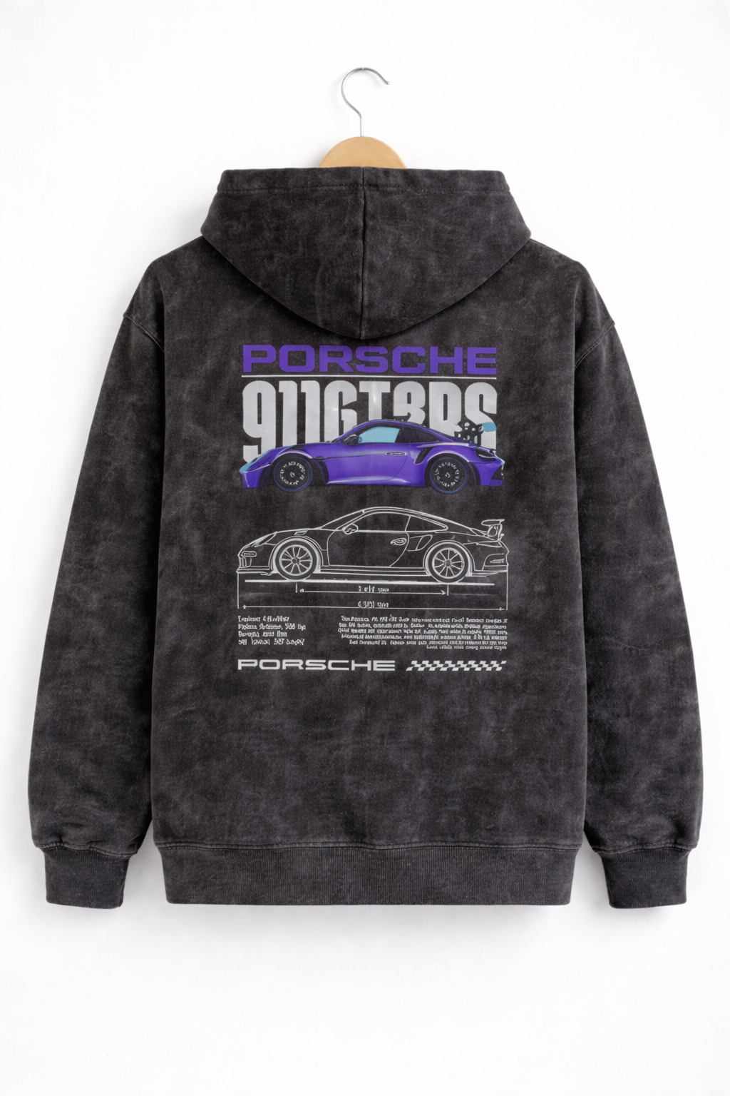 Men’s Charcoal Black Acid Wash Oversized Hoodie – Porsche Graphic Print