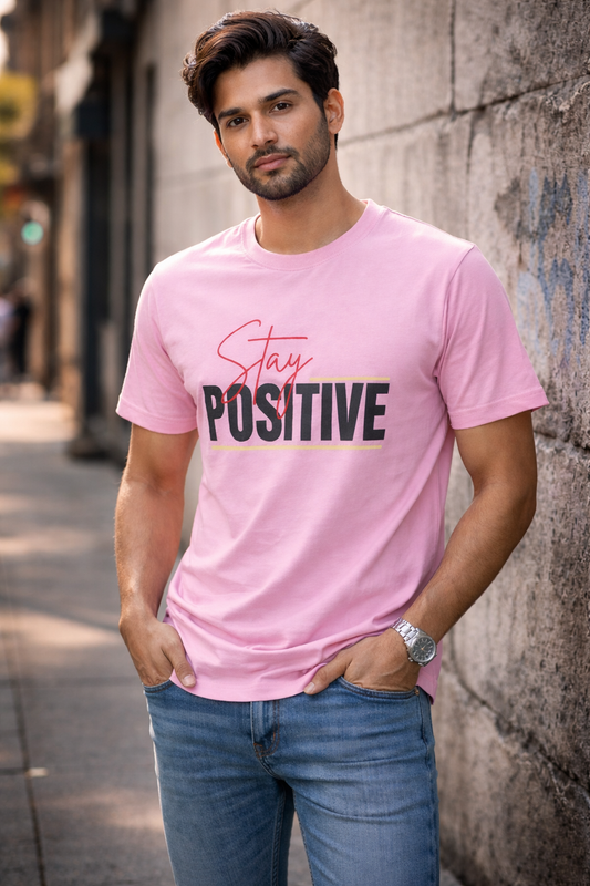 Men’s Pink “Stay Positive” Graphic Printed Cotton T-Shirt