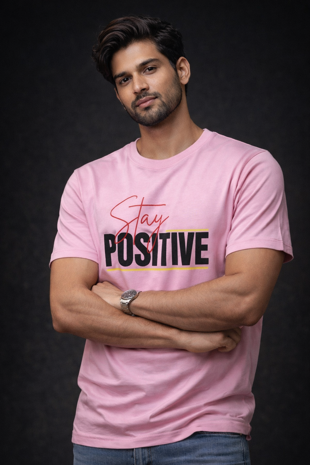Men’s Pink “Stay Positive” Graphic Printed Cotton T-Shirt