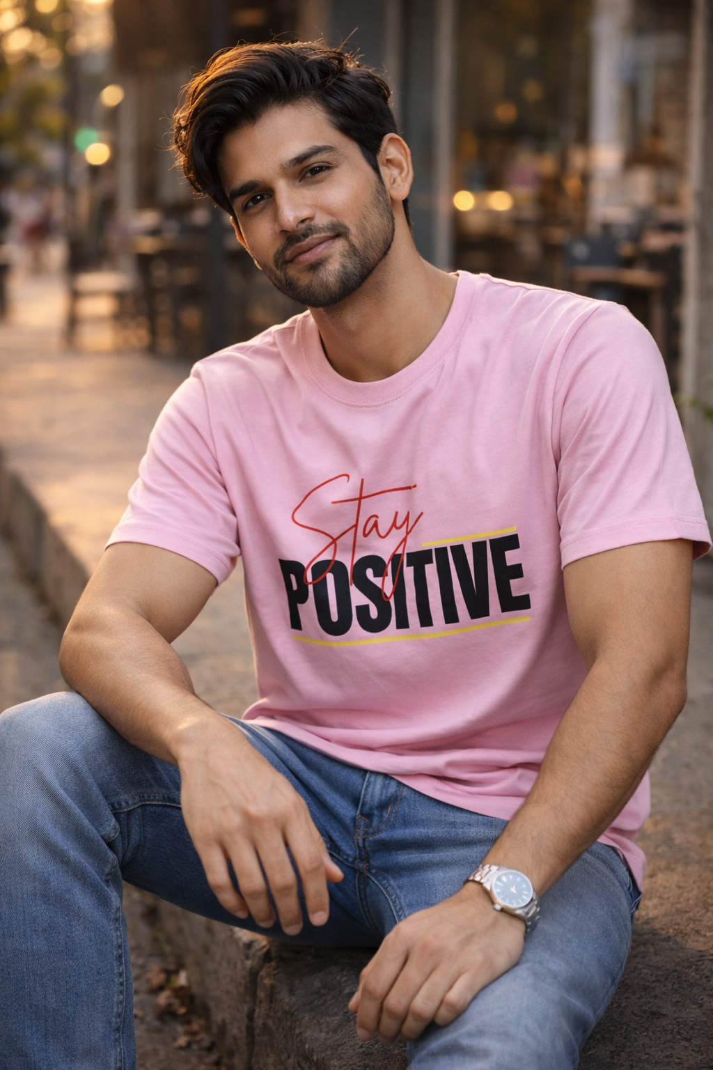 Men’s Pink “Stay Positive” Graphic Printed Cotton T-Shirt