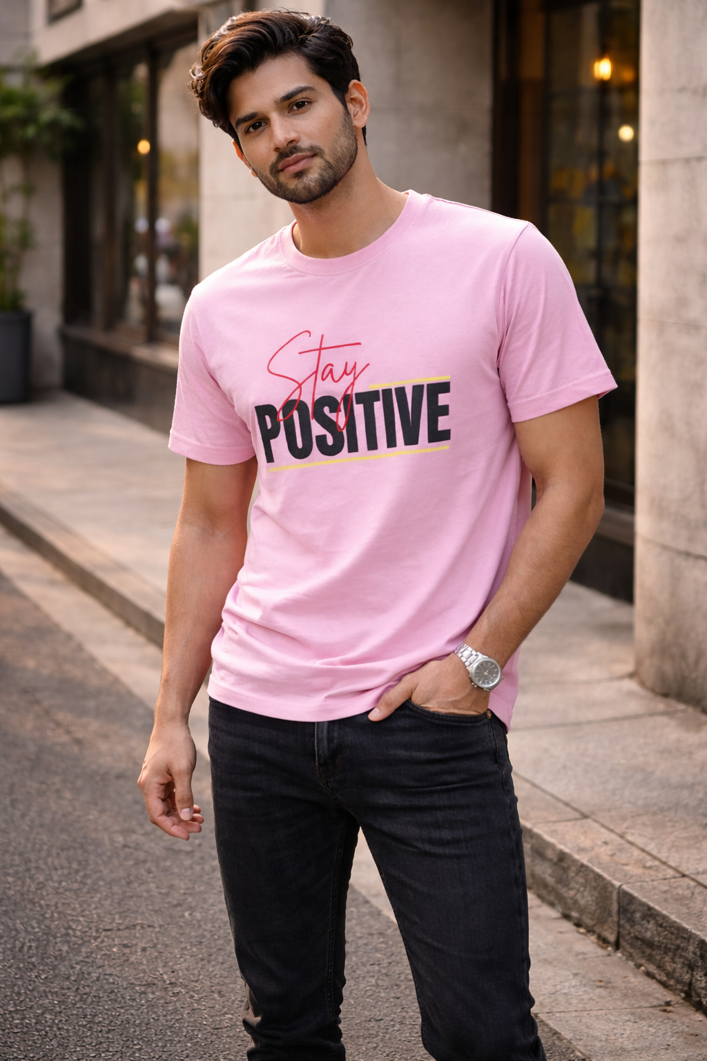 Men’s Pink “Stay Positive” Graphic Printed Cotton T-Shirt