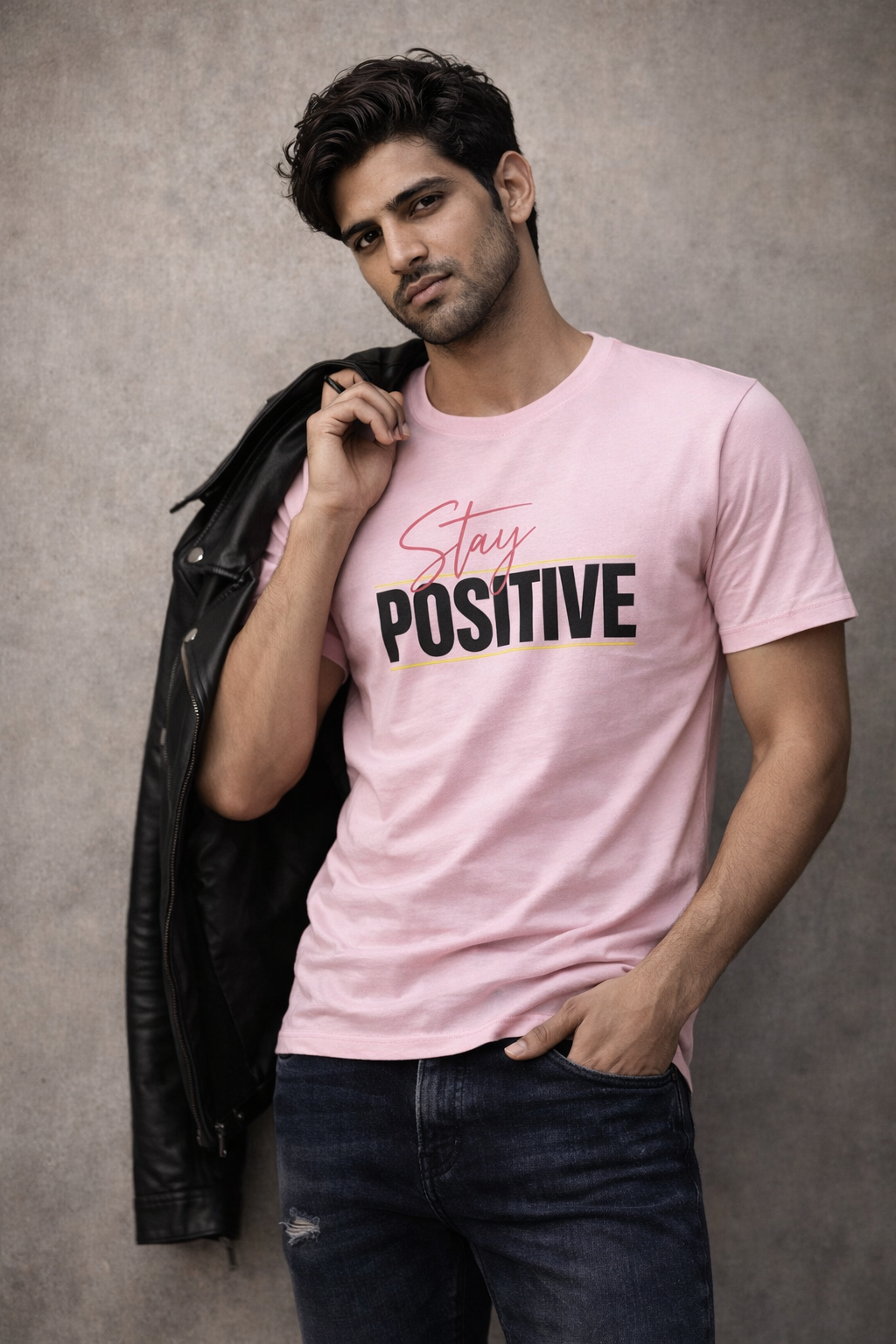 Men’s Pink “Stay Positive” Graphic Printed Cotton T-Shirt