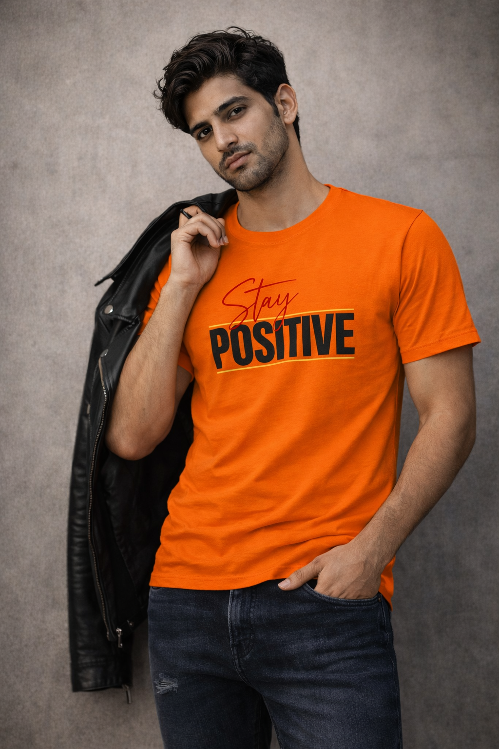 Men’s Orange “Stay Positive” Graphic Printed Cotton T-Shirt