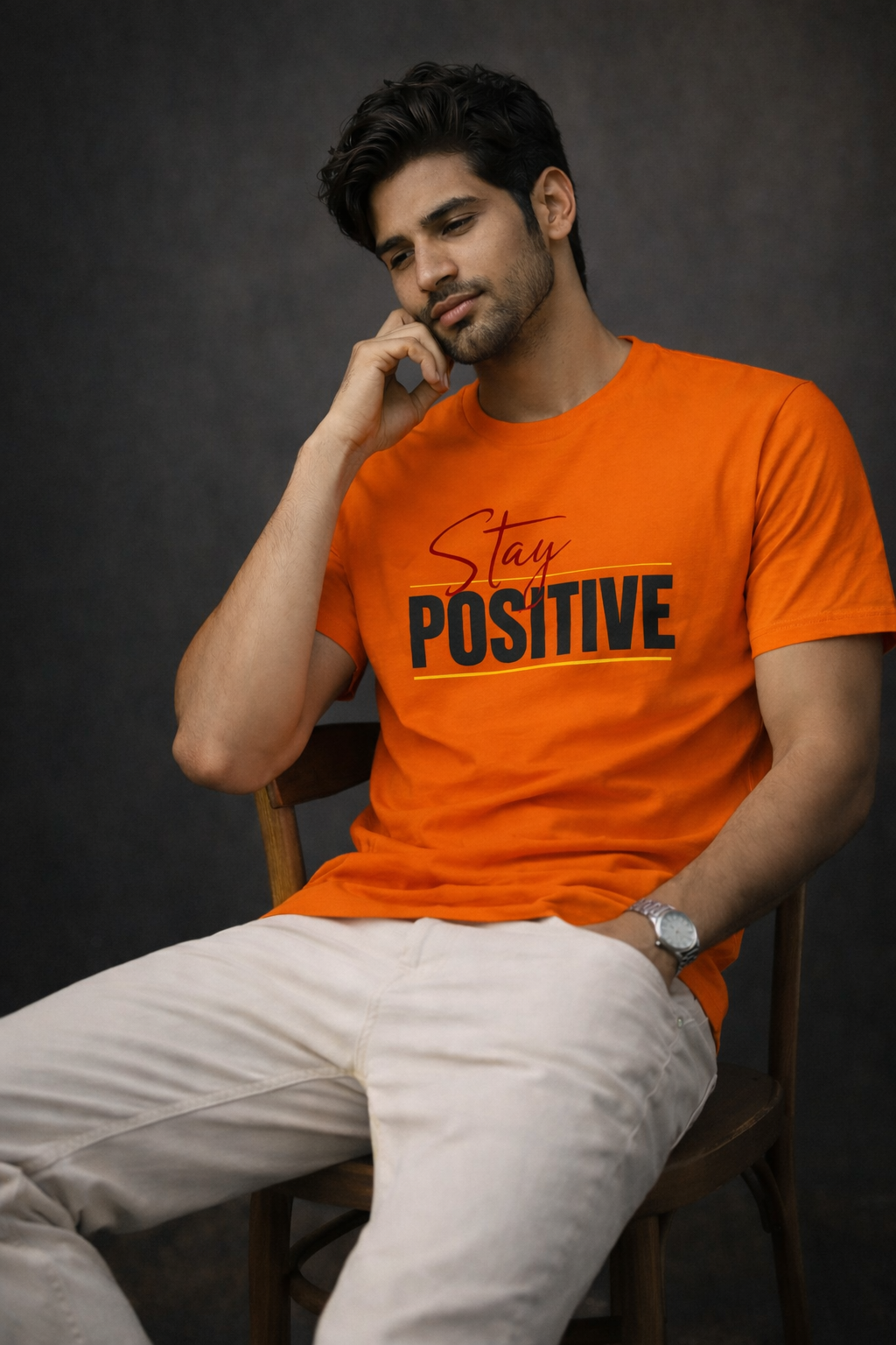 Men’s Orange “Stay Positive” Graphic Printed Cotton T-Shirt