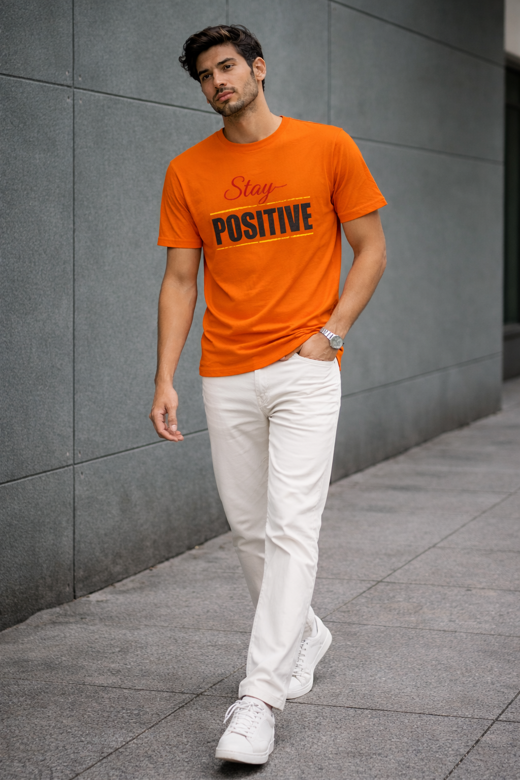 Men’s Orange “Stay Positive” Graphic Printed Cotton T-Shirt
