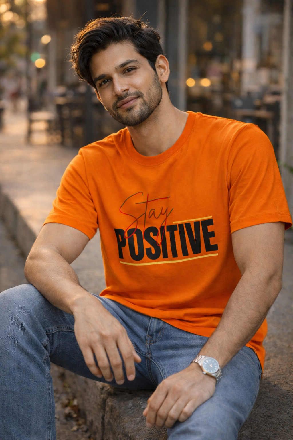 Men’s Orange “Stay Positive” Graphic Printed Cotton T-Shirt