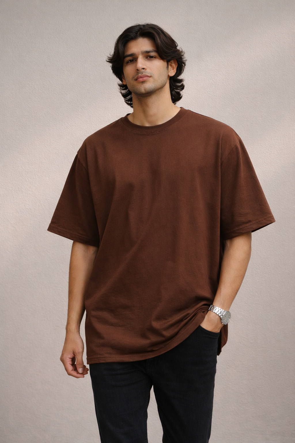 Men’s Brown “BELIEVE” Back Graphic Oversized Cotton T-Shirt