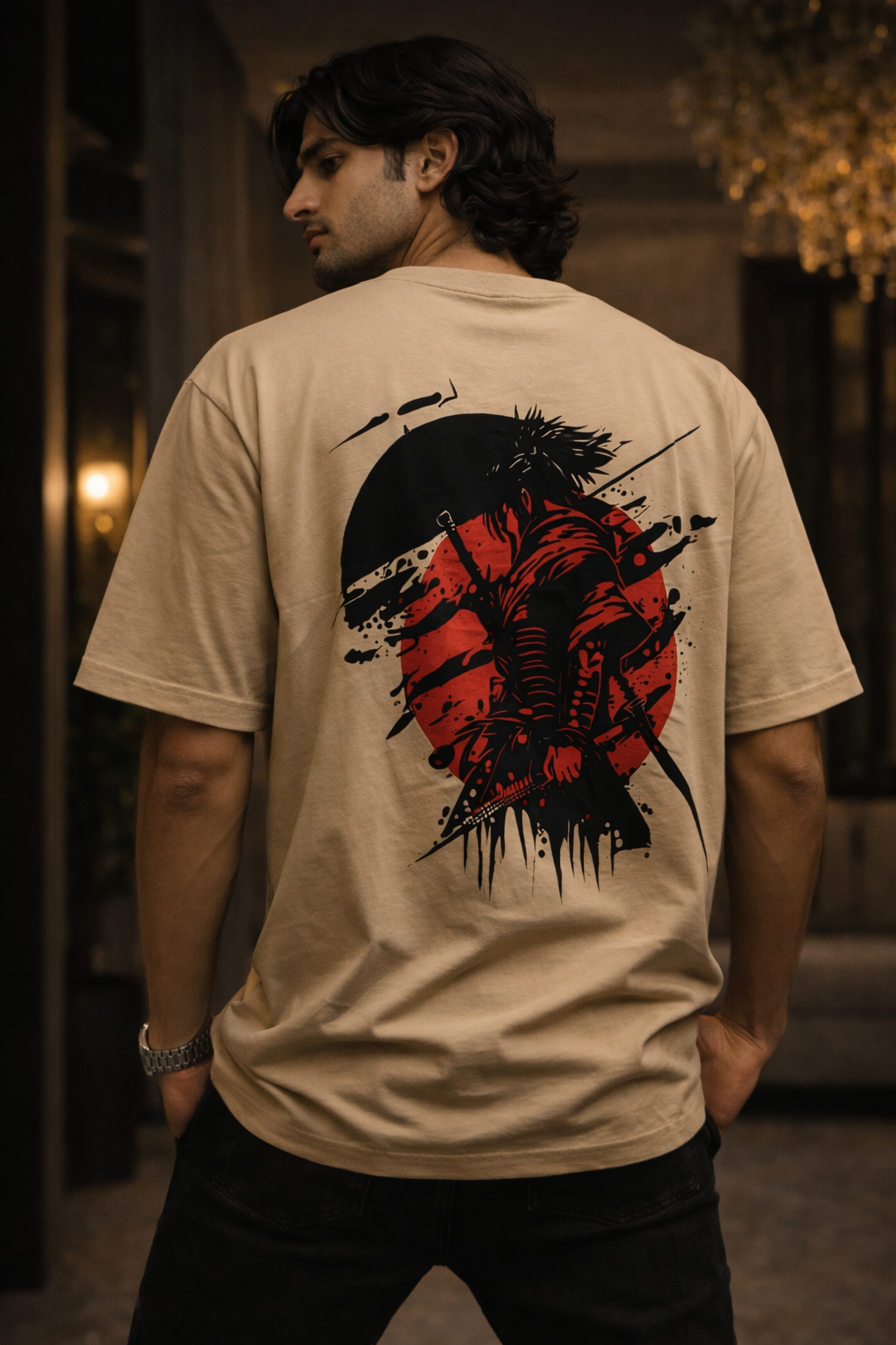 Men’s Beige Samurai Back Graphic Oversized Cotton T-Shirt