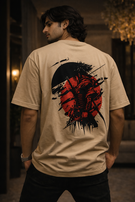 Men’s Beige Samurai Back Graphic Oversized Cotton T-Shirt