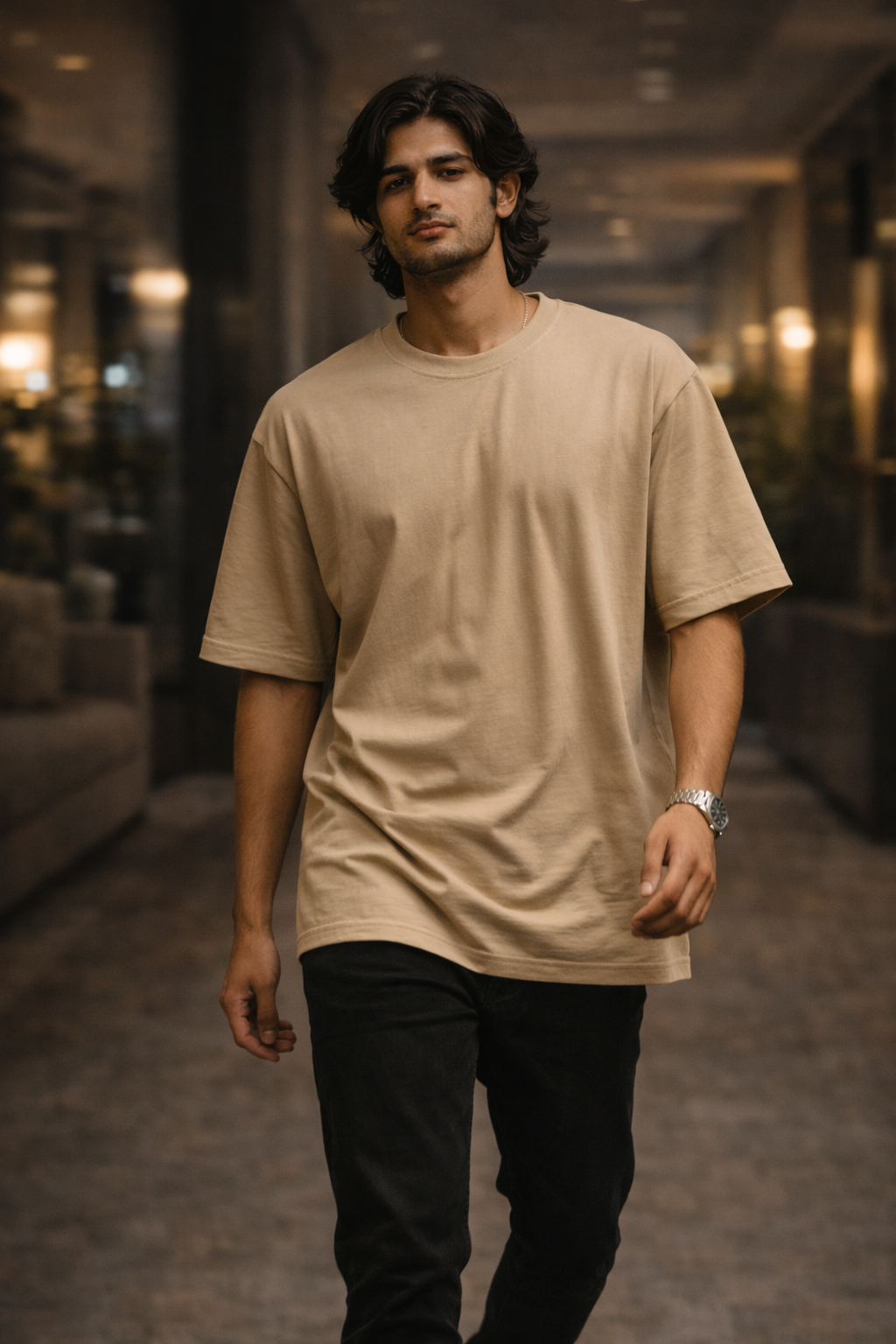 Men’s Beige Samurai Back Graphic Oversized Cotton T-Shirt