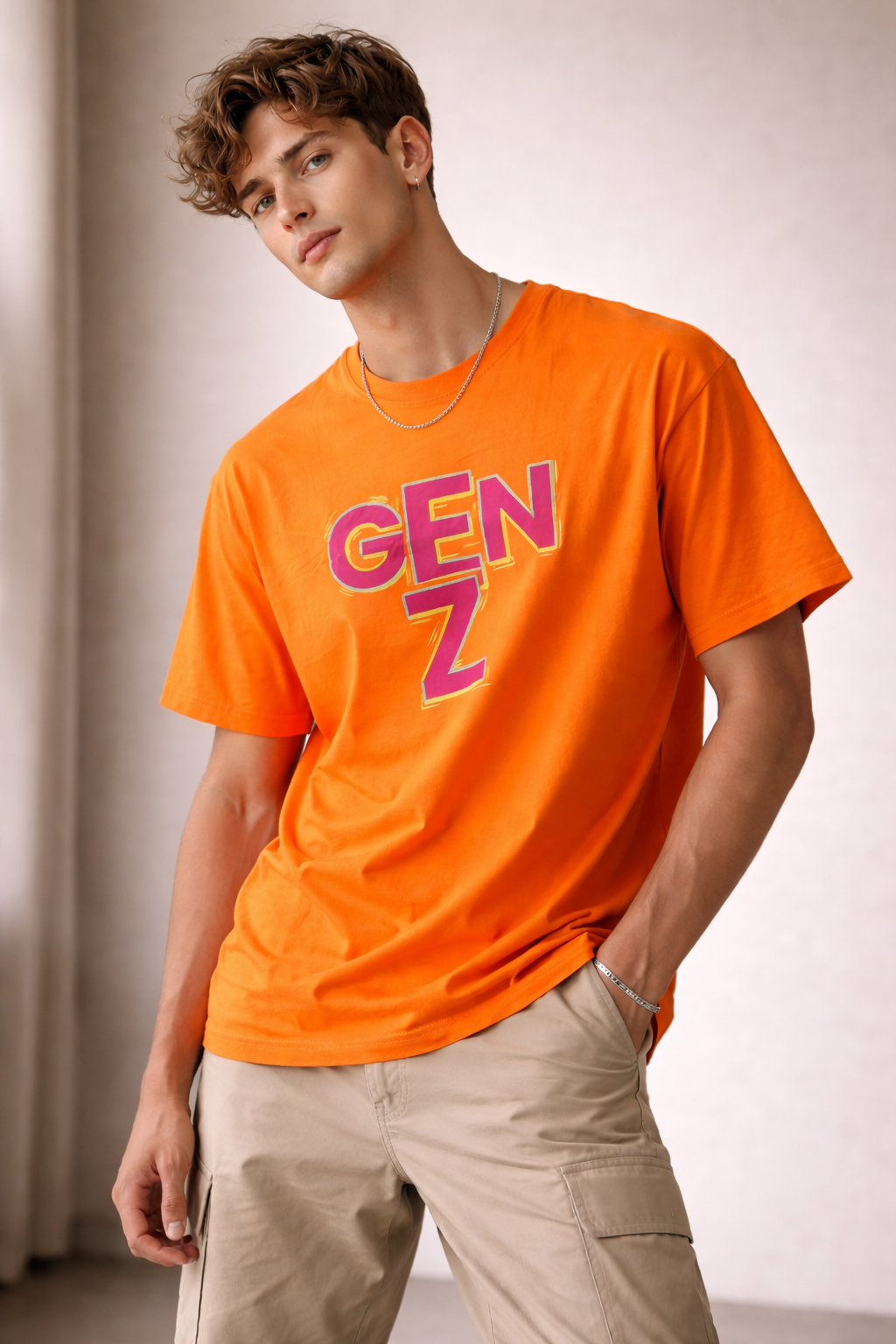 Men’s Orange GEN Z Printed  Cotton T-Shirt