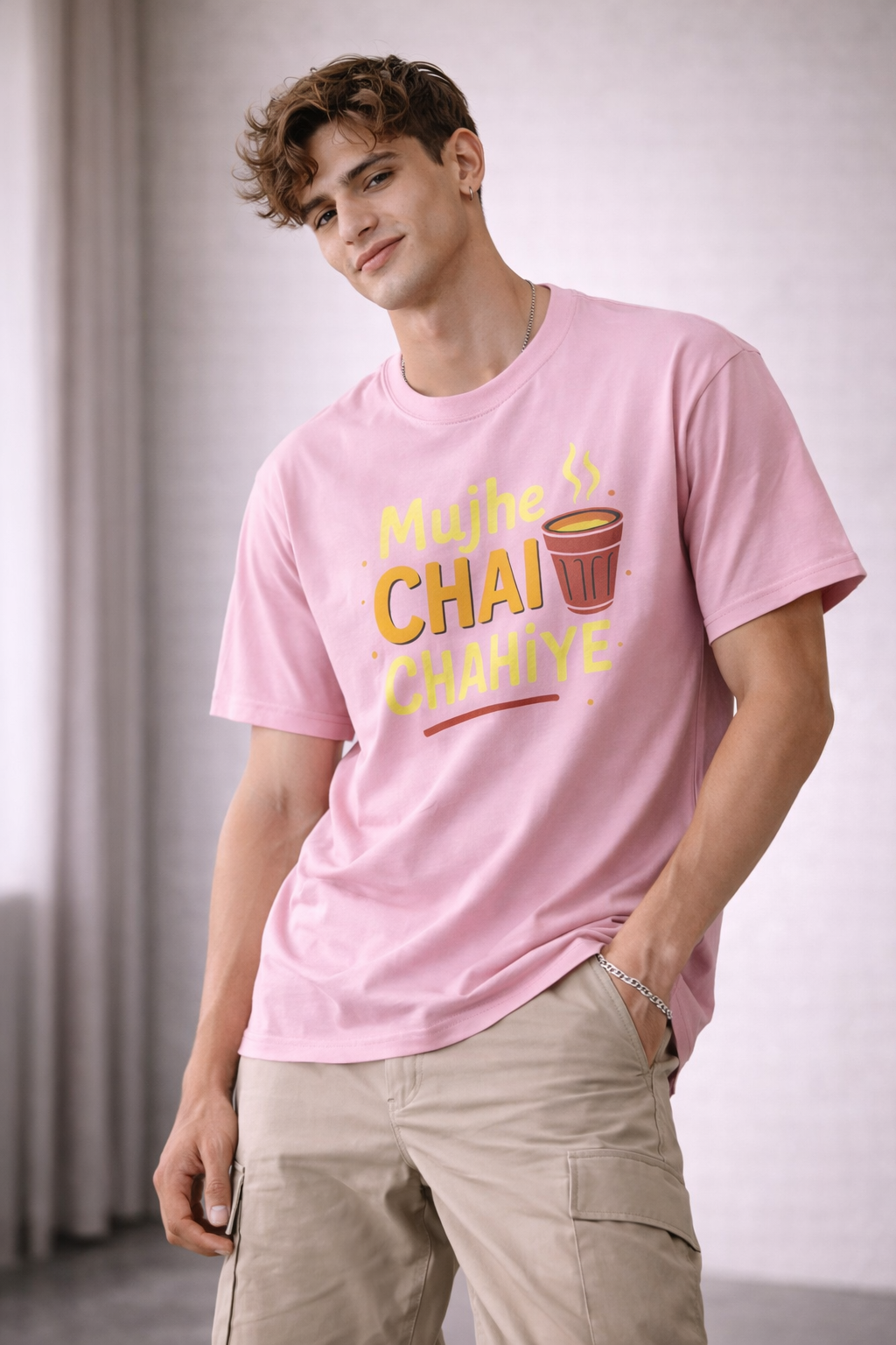 Pink "Mujhe Chai Chahiye" Printed  Cotton T-Shirt