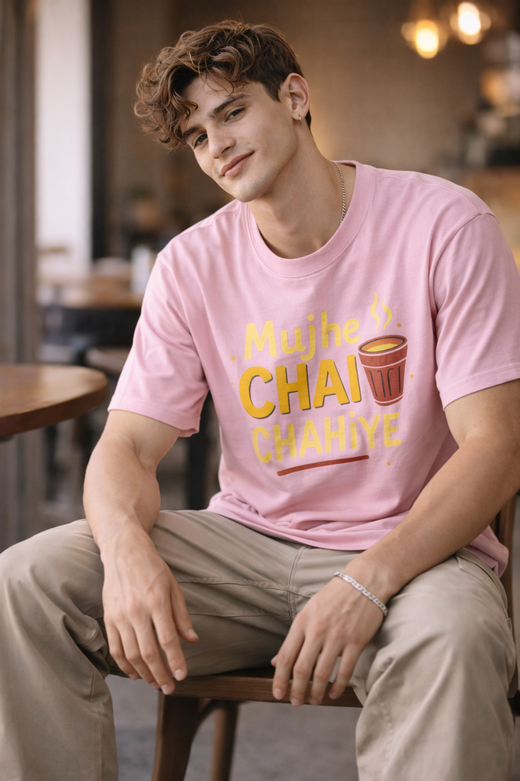 Pink "Mujhe Chai Chahiye" Printed  Cotton T-Shirt