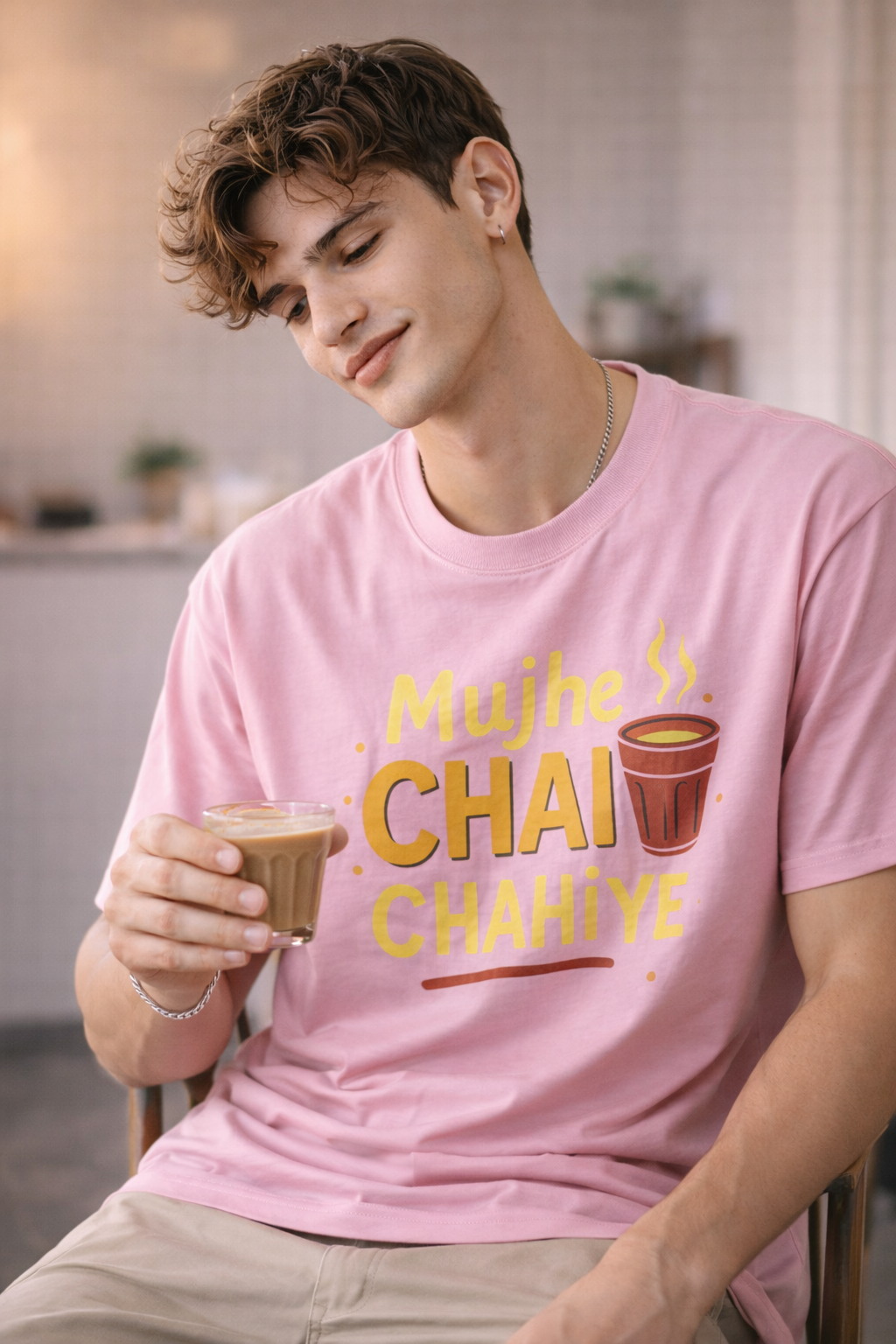 Pink "Mujhe Chai Chahiye" Printed  Cotton T-Shirt