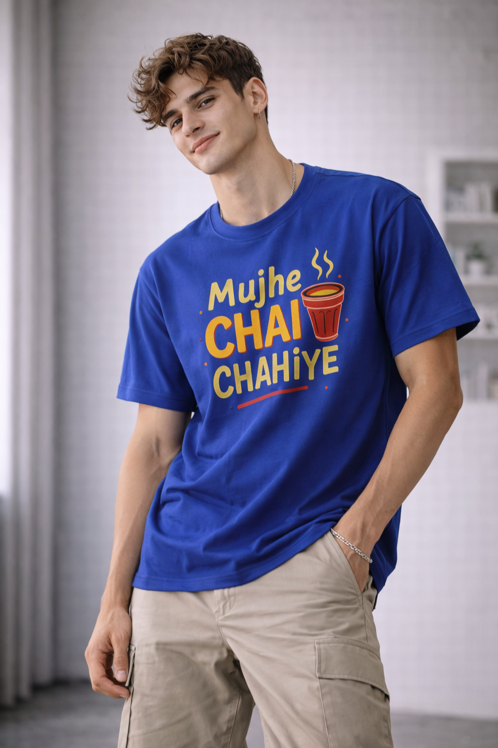 Blue "Mujhe Chai Chahiye" Graphic T-Shirt