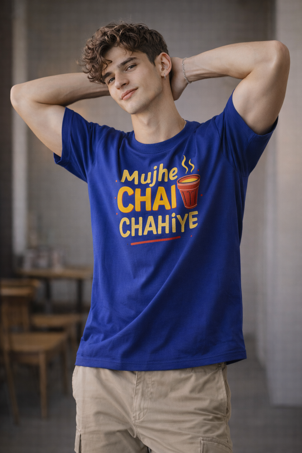 Blue "Mujhe Chai Chahiye" Graphic T-Shirt