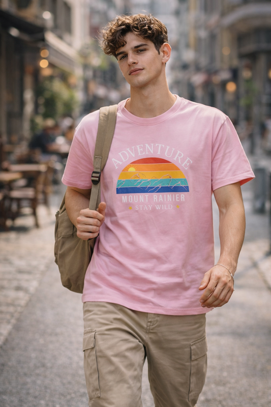 Pink “Adventure Mount Rainier” Graphic Cotton T-Shirt